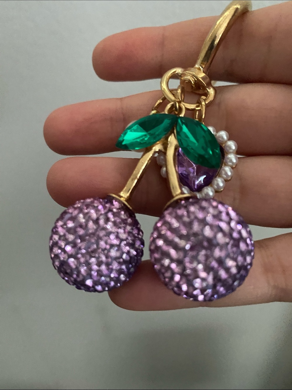 Gold-Tone Purple Crystal Cherry Keychain Charm - Picture 2 of 3